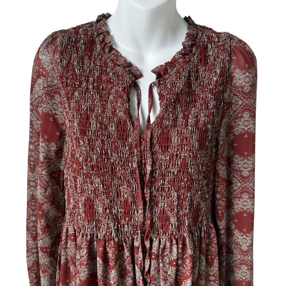 Melloday Womens Boho Peasant Blouse Small Rust Red Smocked Phoebe Buffay Cottage - Picture 12 of 16